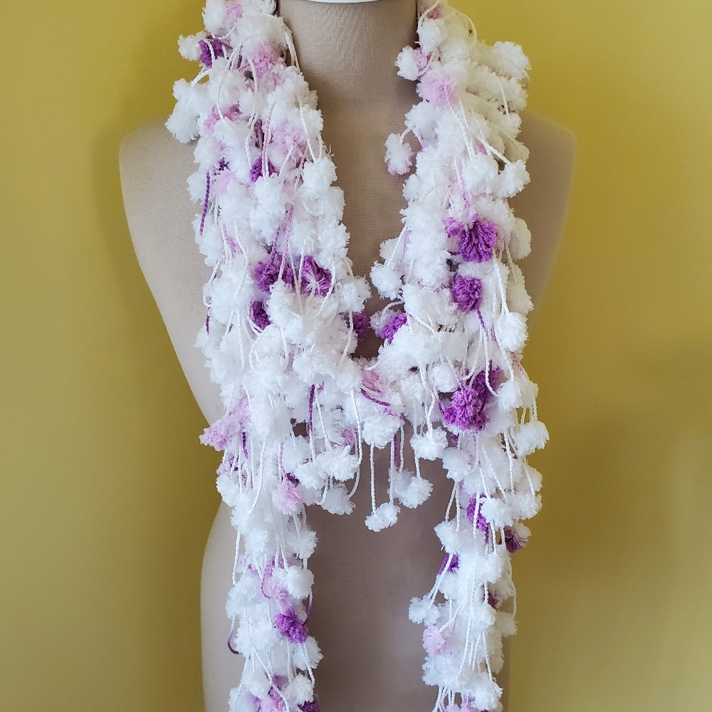 Crocheted White and Purple PomPom Loop Scarf/New